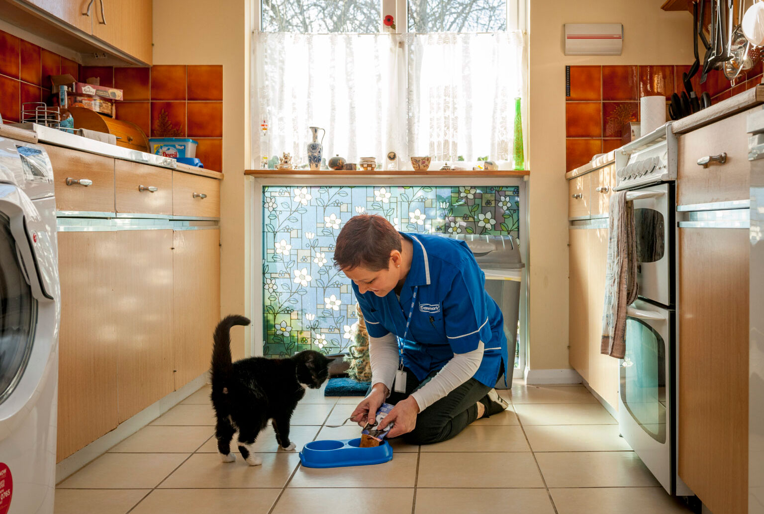 Home Care in Cheshire - Care giver feeding cat